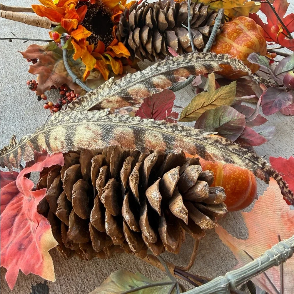 Two Autumn Harvest Pinecone Feather and Leaf Swags